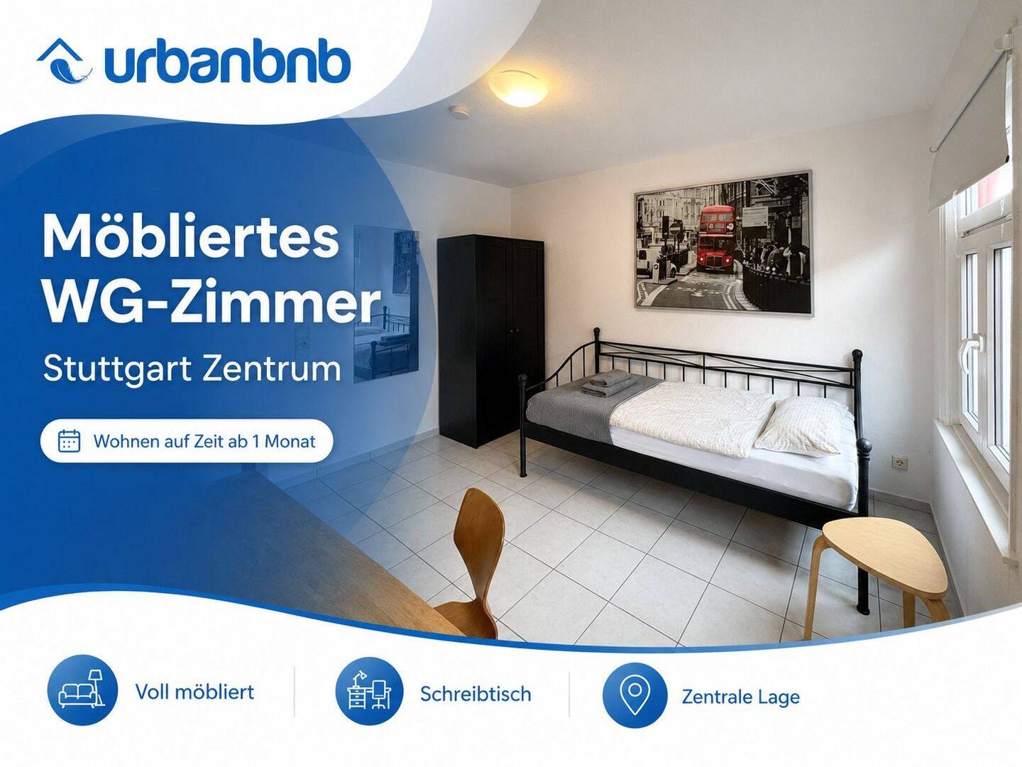 Möbliertes WG-Zimmer auf Zeit in Stuttgart-Zentrum, 70182 Stuttgart (Mitte)