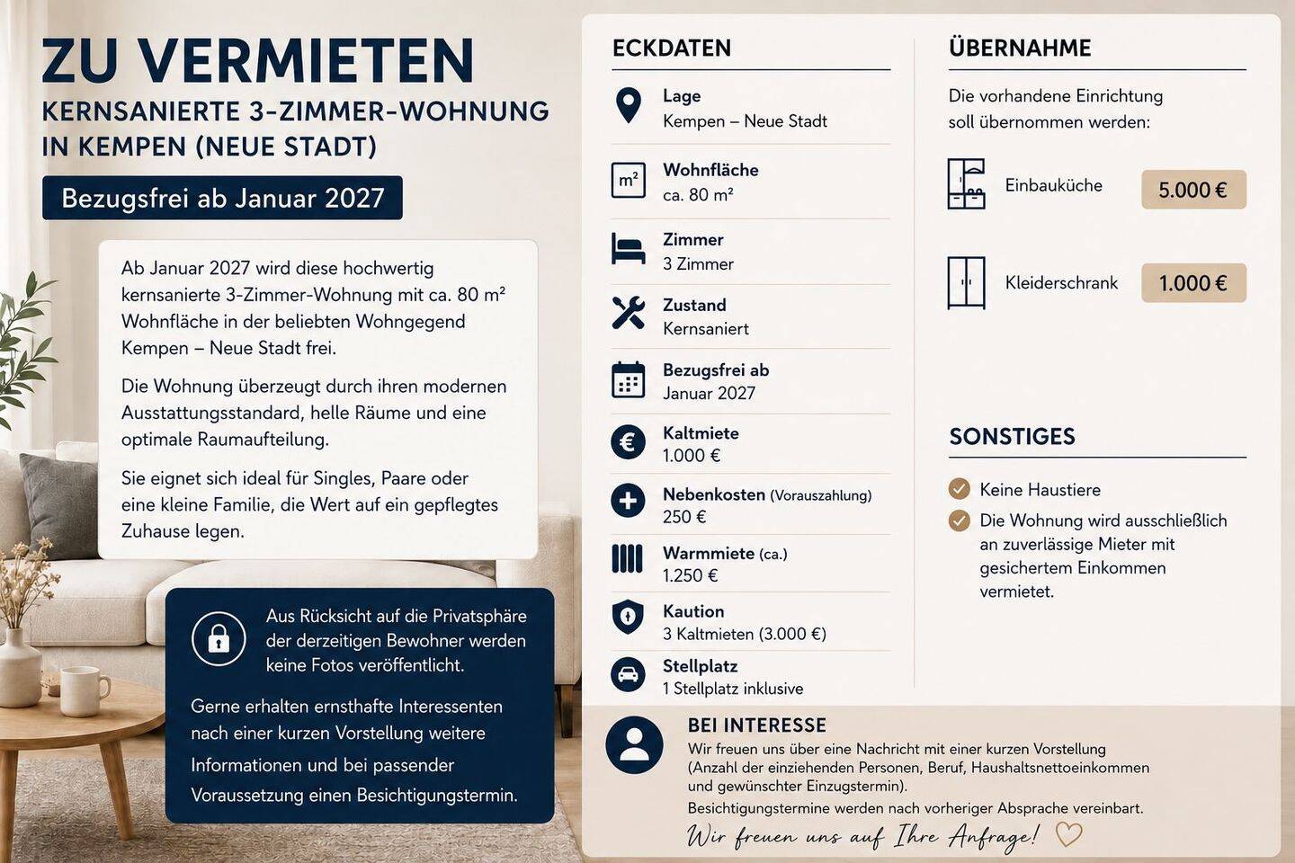 Mietwohnung, 3,5 Zimmer, 80 m², in Kempen, 47906 Kempen