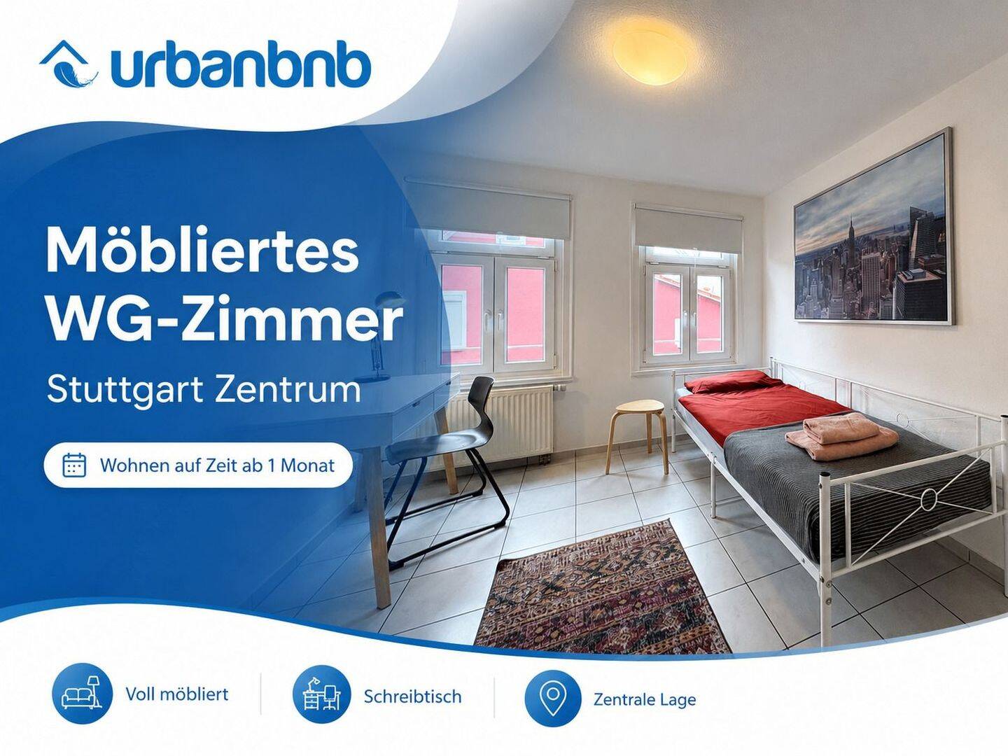 Möbliertes WG-Zimmer auf Zeit in Stuttgart-Zentrum, 70182 Stuttgart (Mitte)