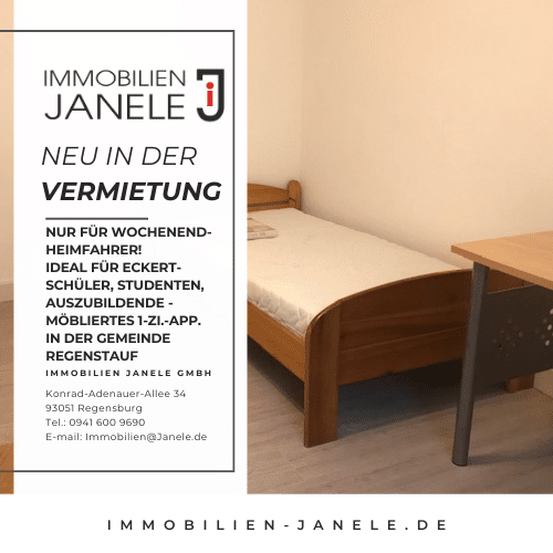Nur für Wochenendheimfahrer – Ideal für Eckert-Schüler, Studenten, Auszubildende – Möbliertes 1-Zi.-App. in der Gemeinde Regenstauf, 93128 Regenstauf