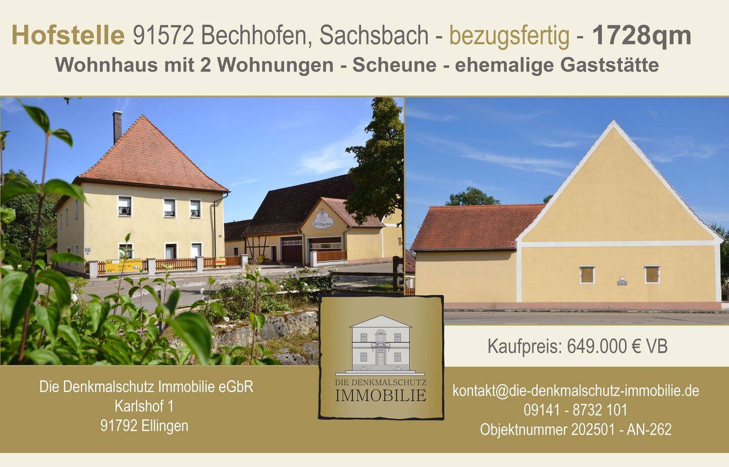 Hofstelle – bezugsfertig; Wohnhaus mit 2 Wohnungen, Scheune, ehemalige Gaststätte, 91572 Bechhofen