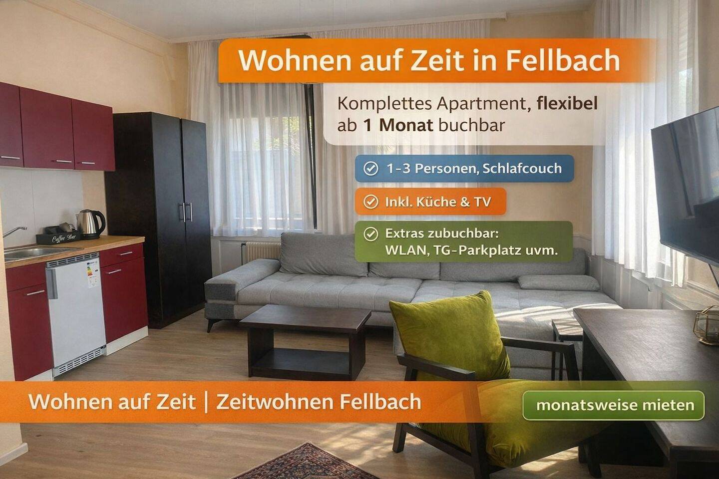 Zeitwohnen Fellbach – Möbliertes Apartment für 1-3 Personen, 70736 Fellbach