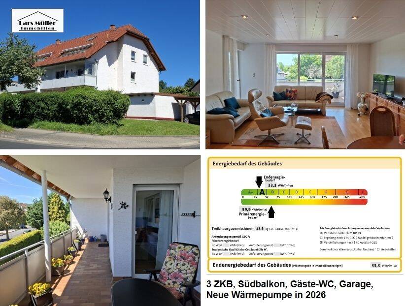 Zukunftssicher aufgestellt mit neuer Wärmepumpe: Gepflegte Eigentumswohnung mit 3 ZKB, Gäste-WC, Südbalkon und Garage in kleiner WEG, 34128 Kassel (Harleshausen Jungfernkopf Kirchditmold)