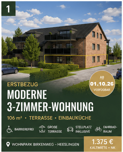 3 Zimmer Neubauwohnung barrierefrei, Erdgeschoss, EBK, Terrasse, 27404 Heeslingen