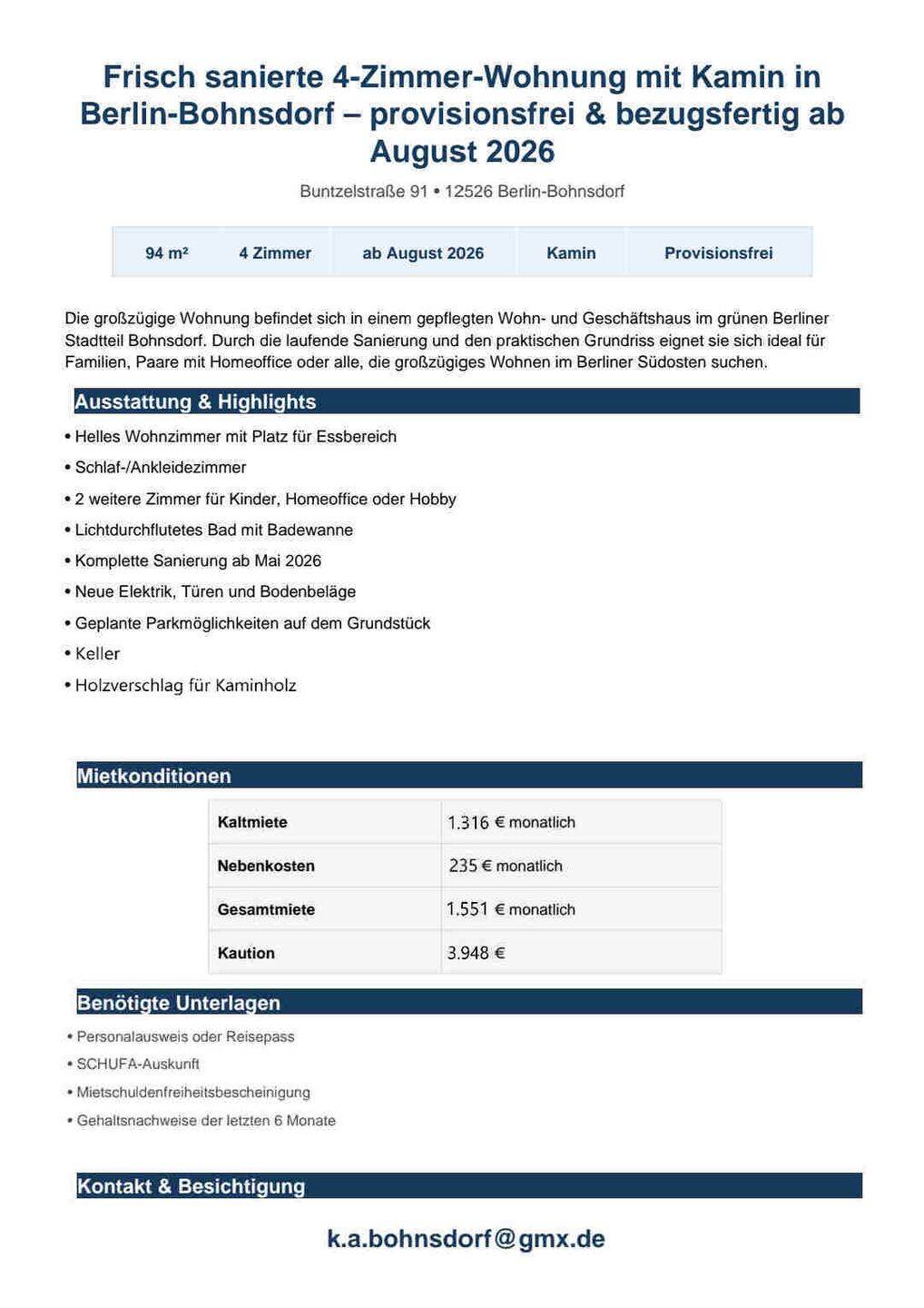 4-Zimmer-Wohnung-94 m²-Renoviert-Provisionsfrei-Kamin-ab 09.2026-Mieten, 12526 Berlin (Treptow-Köpenick Bohnsdorf Kleingartenanlage Grünbergallee)