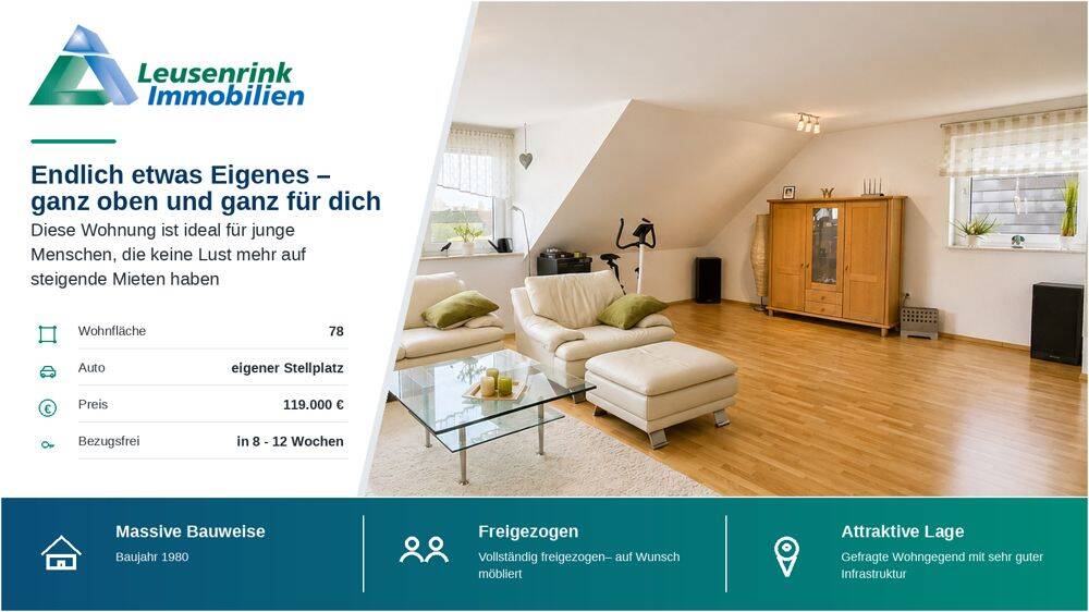 Ganz oben. Ganz für dich – Deine erste eigene Wohnung statt Miete., 44623 Herne (Baukau-Ost Herne-Mitte Herne-Süd)