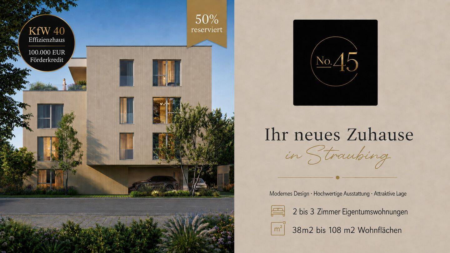 Neubauprojekt Augsburger No. 45: Moderne 2-3 Zi. Wohnungen 38 – 108m² nahe Klinikum | 50% RESERVIERT, 94315 Straubing