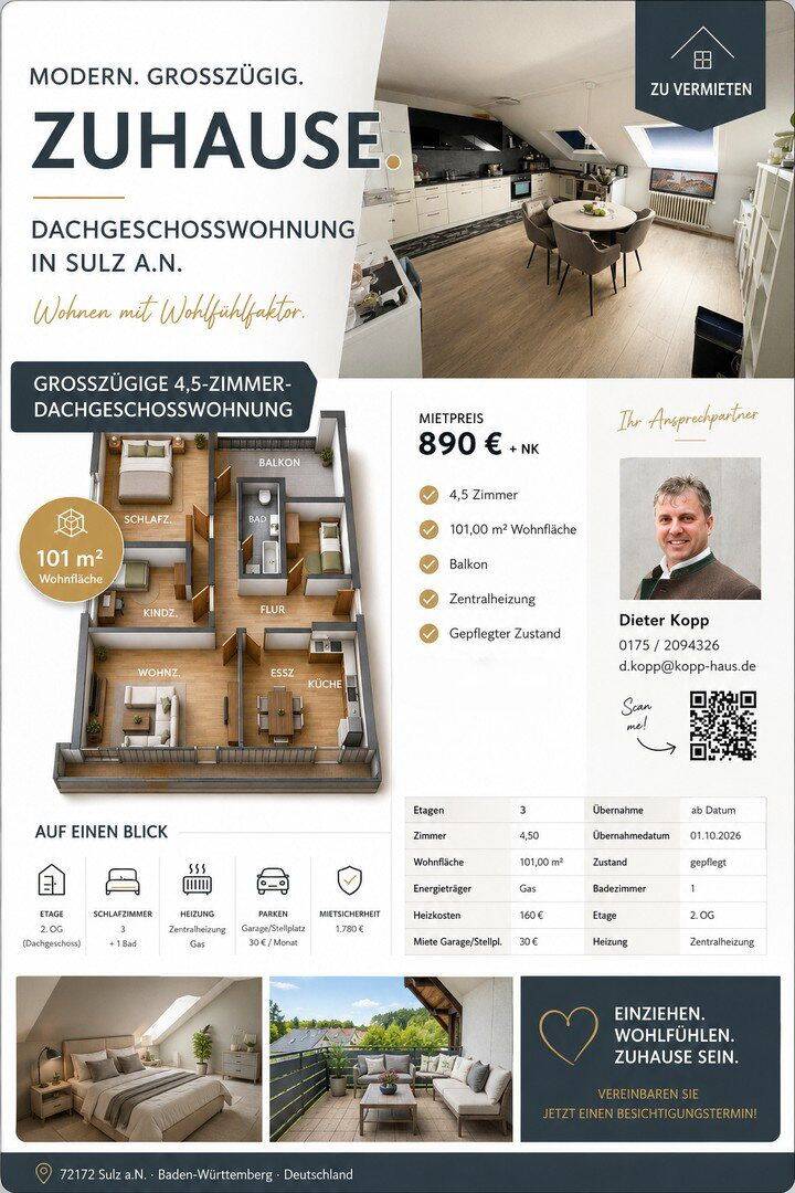 Großzügige 4,5 -Zimmer-Dachgeschosswohnung, 72172 Sulz am Neckar