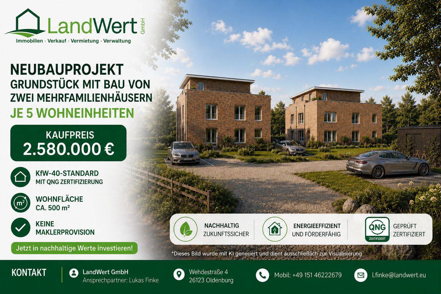 Neubauprojekt Oldenburg-Nadorst: Zwei moderne Mehrfamilienhäuser mit 10 Wohneinheiten im Effizienzhaus-40-Standard (KfW 40) mit QNG-Zertifizierung., 26125 Oldenburg (Oldb) (Donnerschwee Etzhorn Nadorst Ofenerdiek Ohmstede)