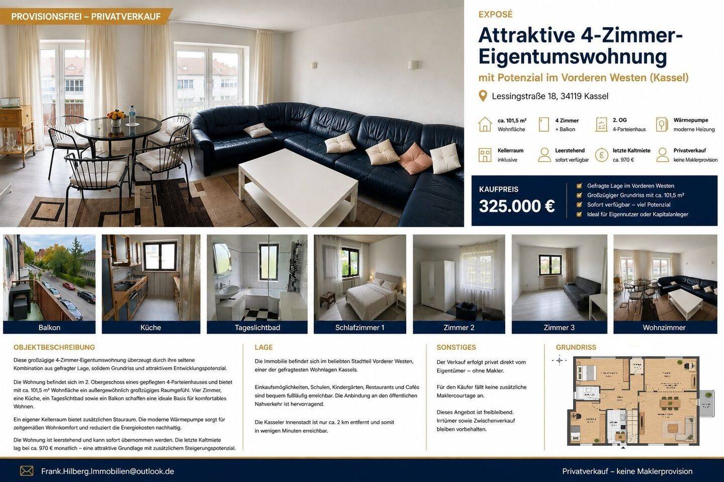 Großzügige 4-Zimmer-Eigentumswohnung | 101,5 m² | Wärmepumpe | Vorderer Westen | provisionsfrei, 34119 Kassel (Mitte West)