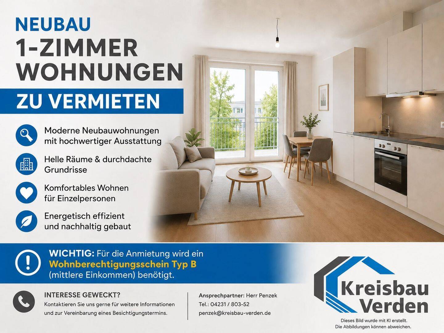 B-Schein! Neubau 1-Zimmer Wohnungen zu vermieten, 28832 Achim