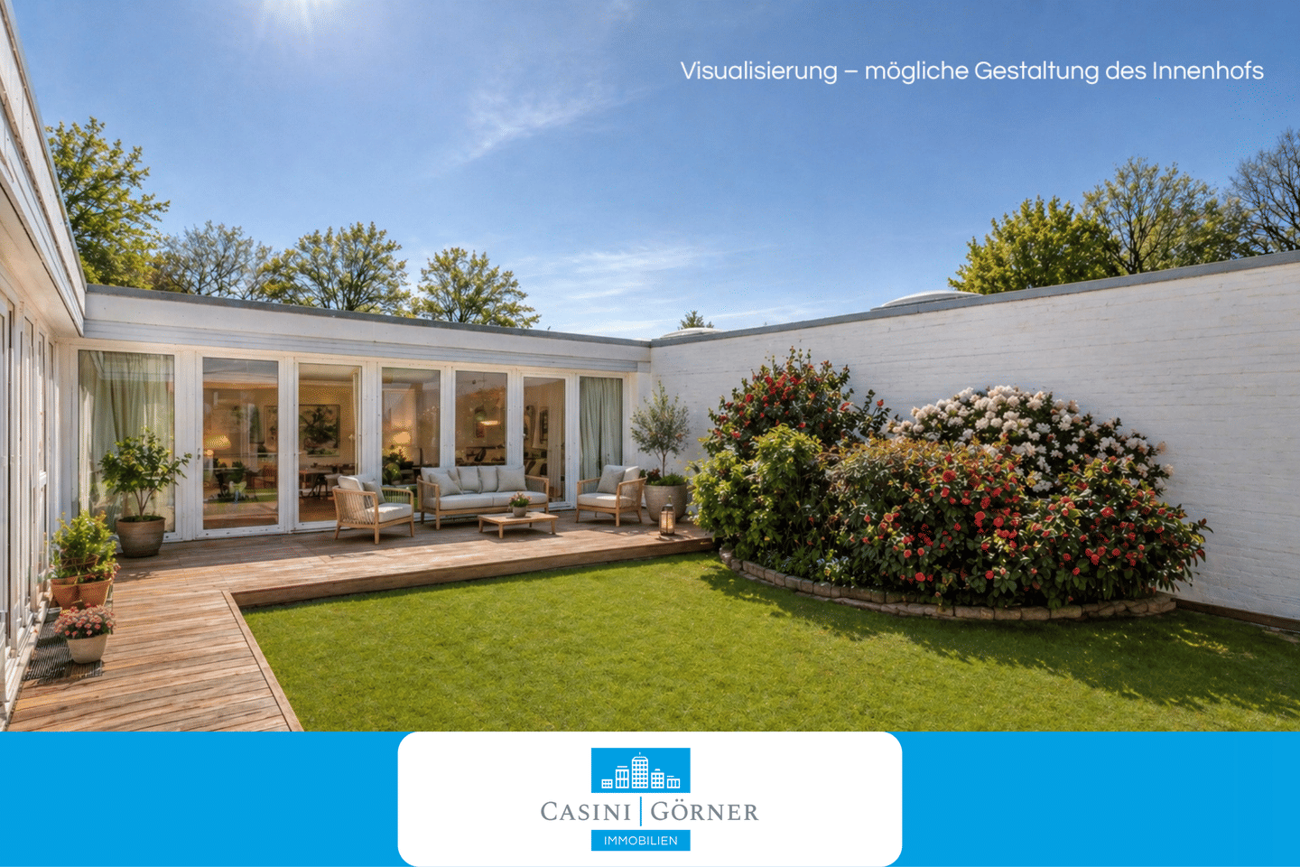 Sonniger Atrium-Bungalow mit Zimmerpotenzial, Teilkeller + Garage, Nähe International School!