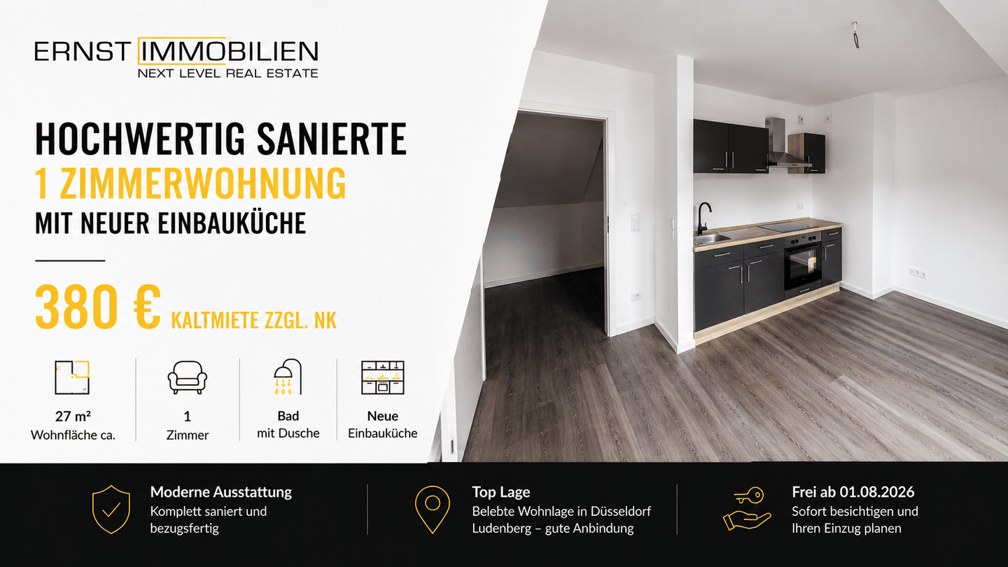 Hochwertig sanierte 1 Zimmerwohnung mit neuer Einbauküche, 40625 Düsseldorf (Gerresheim Ludenberg)