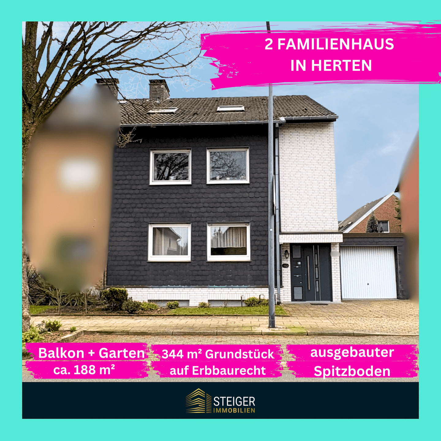 Zweifamilienhaus mit vermieteter Einheit + Garten + Garage auf Erbbaurecht, 45699 Herten