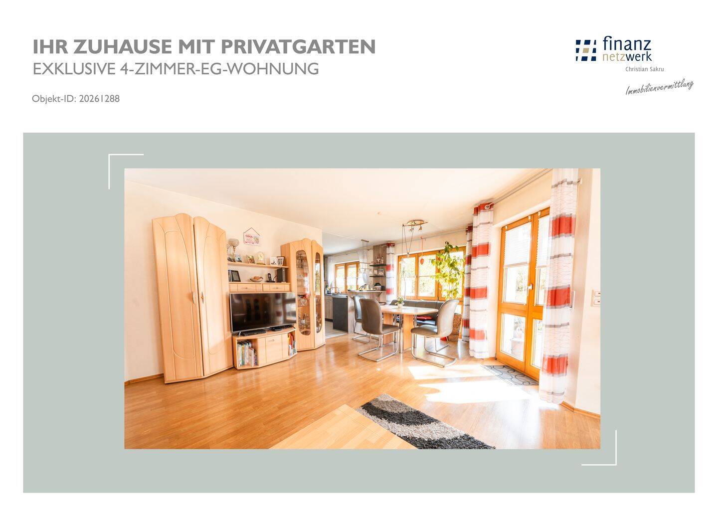 IHR ZUHAUSE MIT PRIVATGARTEN, Exclusive
4‑Zimmer‑EG‑Wohnung mit TG-Stellplatz, 88630 Pfullendorf