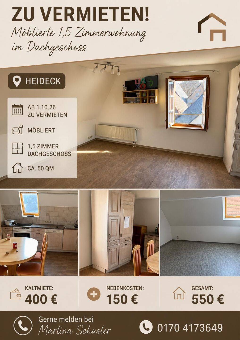 Möblierte 1,5-Zimmer-Dachgeschosswohnung in Heideck – ca. 50 m² – ab 01.10.2026, 91180 Heideck
