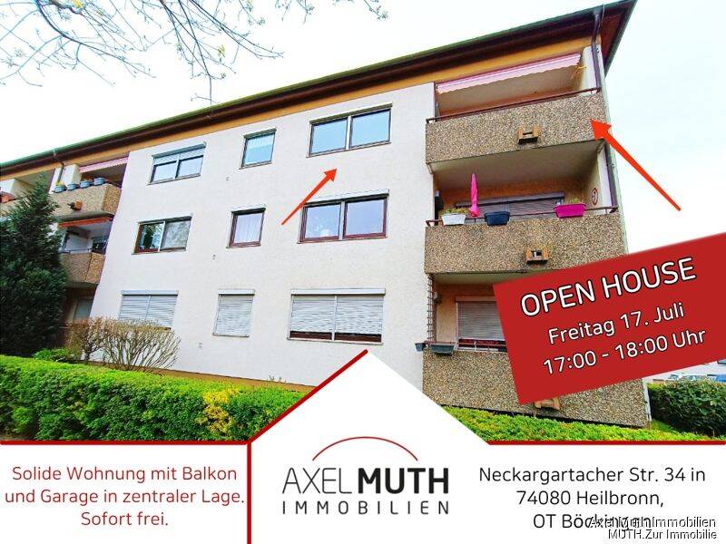 Open House am 17.07. 17-18 Uhr!!! Solide Wohnung mit Balkon und Garage, zentrale Lage. Sofort frei., 74080 Heilbronn (Böckingen)