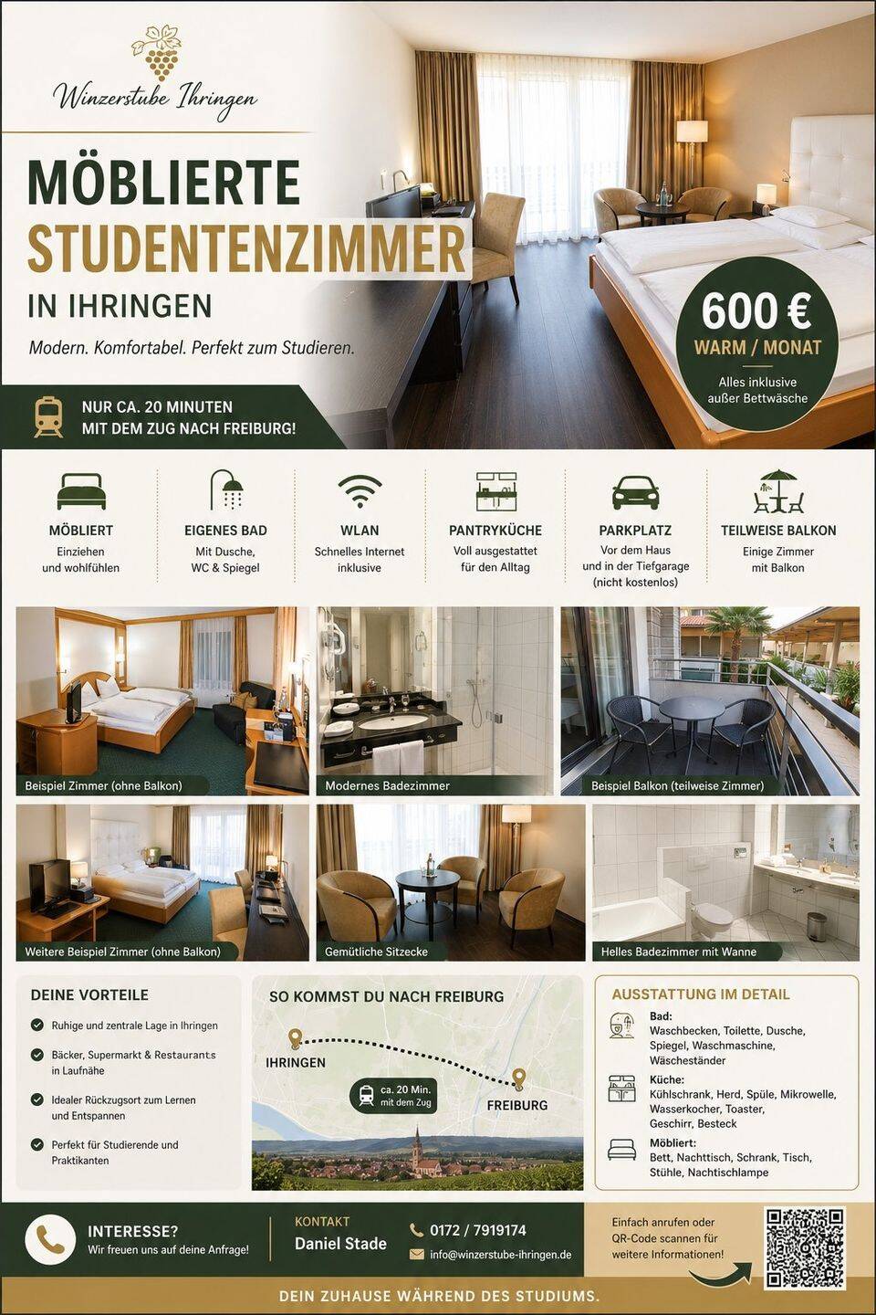 Ihringen bei Freiburg möbliertes Zimmer inkl. Küche und Bad, warm, 79241 Ihringen