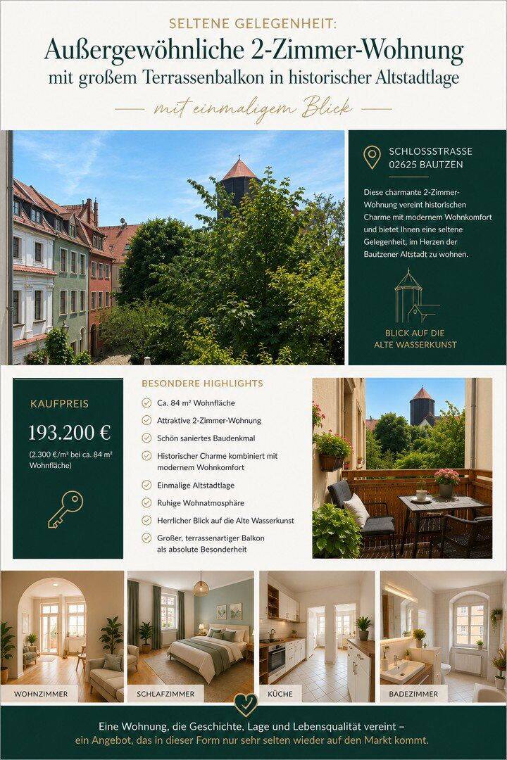 Außergewöhnliche 2-Zimmer-Wohnung mit großem Terrassenbalkon in historischer Altstadtlage, 2625 Bautzen