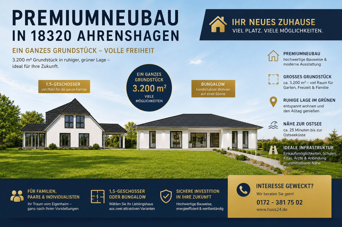 EH40 (A+) Premiumneubau auf ca. 3.200m² in 18320 Ahrenshagen – Individuell Planbar – Bungalow oder 1,5-Geschosser, 18320 Ahrenshagen-Daskow
