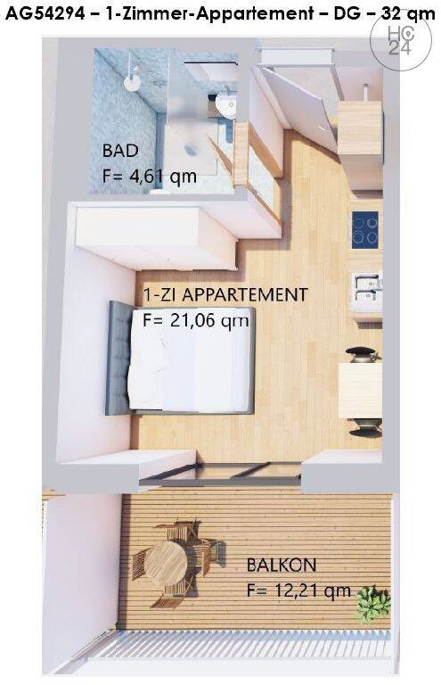 Möbliertes, helles-1-Zimmer-DG-Appartement mit Balkon in Kaufbeuren, 87600 Kaufbeuren
