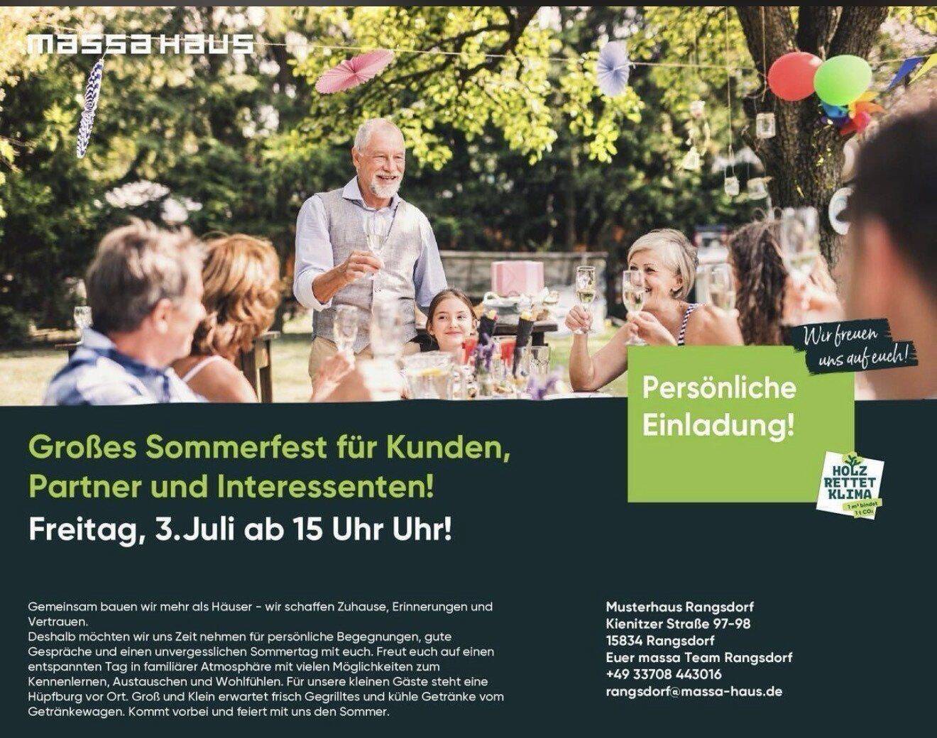 GROSSES SOMMERFEST IM MUSTERHAUS RANGSDORF AM 3.7.2026 von 15-20 Uhr!Kommt fleißig vorbei!, 14974 Ludwigsfelde