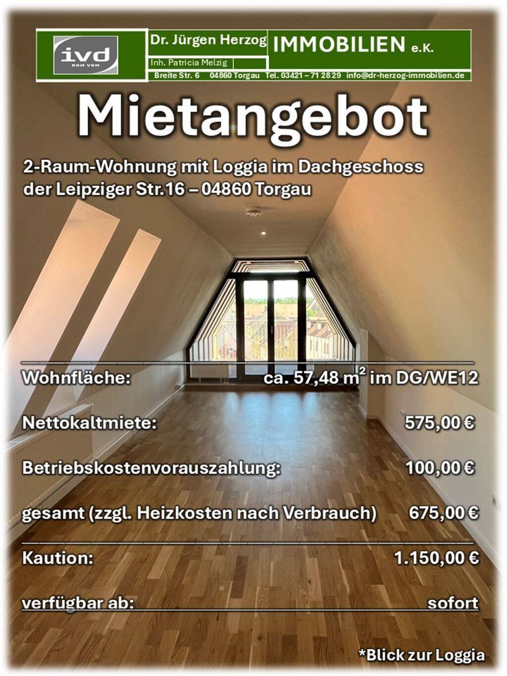 2-Raum-Wohnung im DG mit Loggia, Fahrstuhl im Treppenhaus und Tageslichtbad, 4860 Torgau