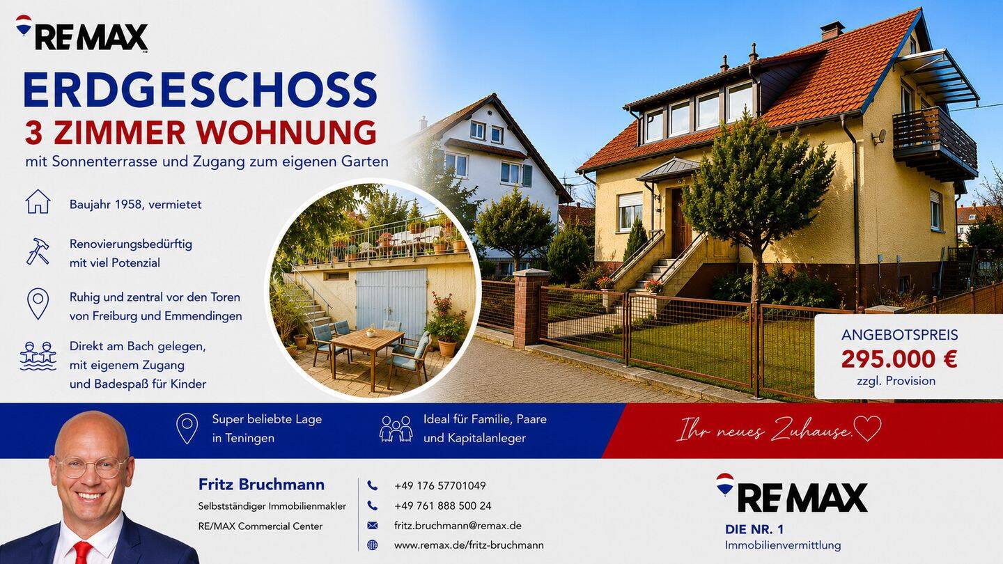 Traumhaft schöne vermietete 3-Zimmer-Wohnung im EG mit Garage, Sonnenterrasse und Garten am Bach, 79331 Teningen