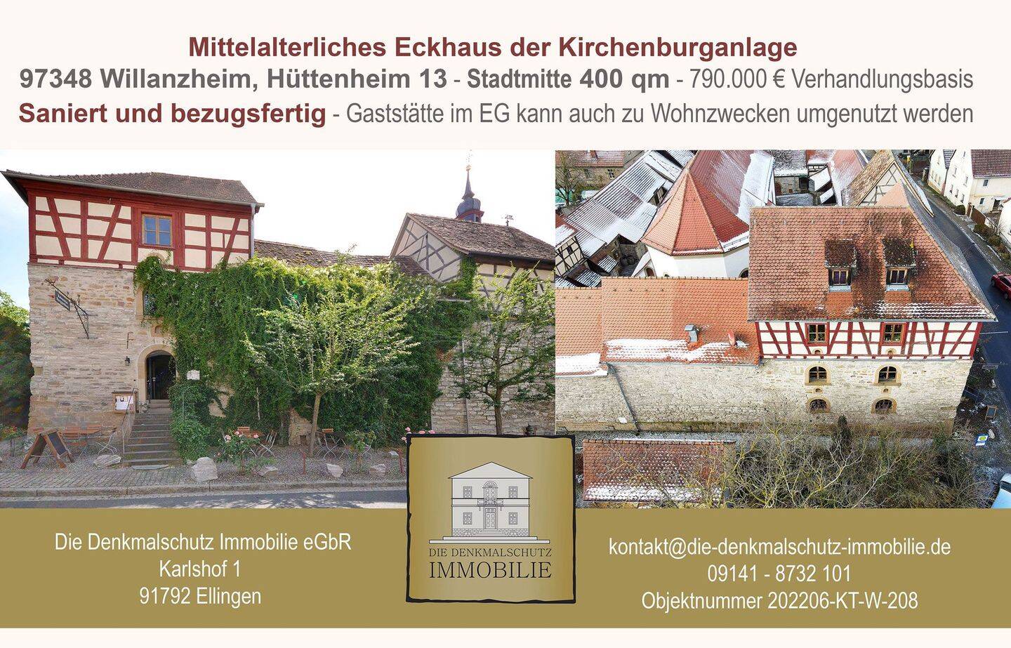 Mittelalterliches Eckhaus der Kirchenburganlage – saniert und bezugsfähig – Gaststätte im EG kann auch zu Wohnzwecken umgenutzt werden, 97348 Willanzheim