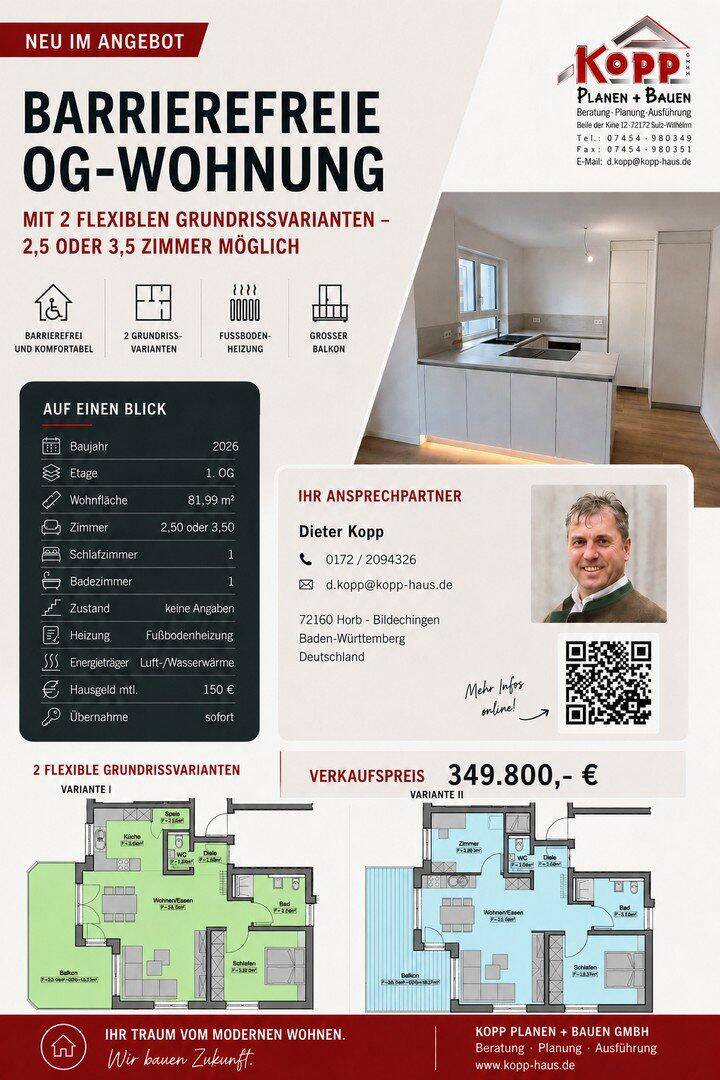 Barrierefreie OG-Wohnung mit 2 flexiblen Grundrissvarianten – 2,5 oder 3,5 Zimmer möglich, 72160 Horb am Neckar