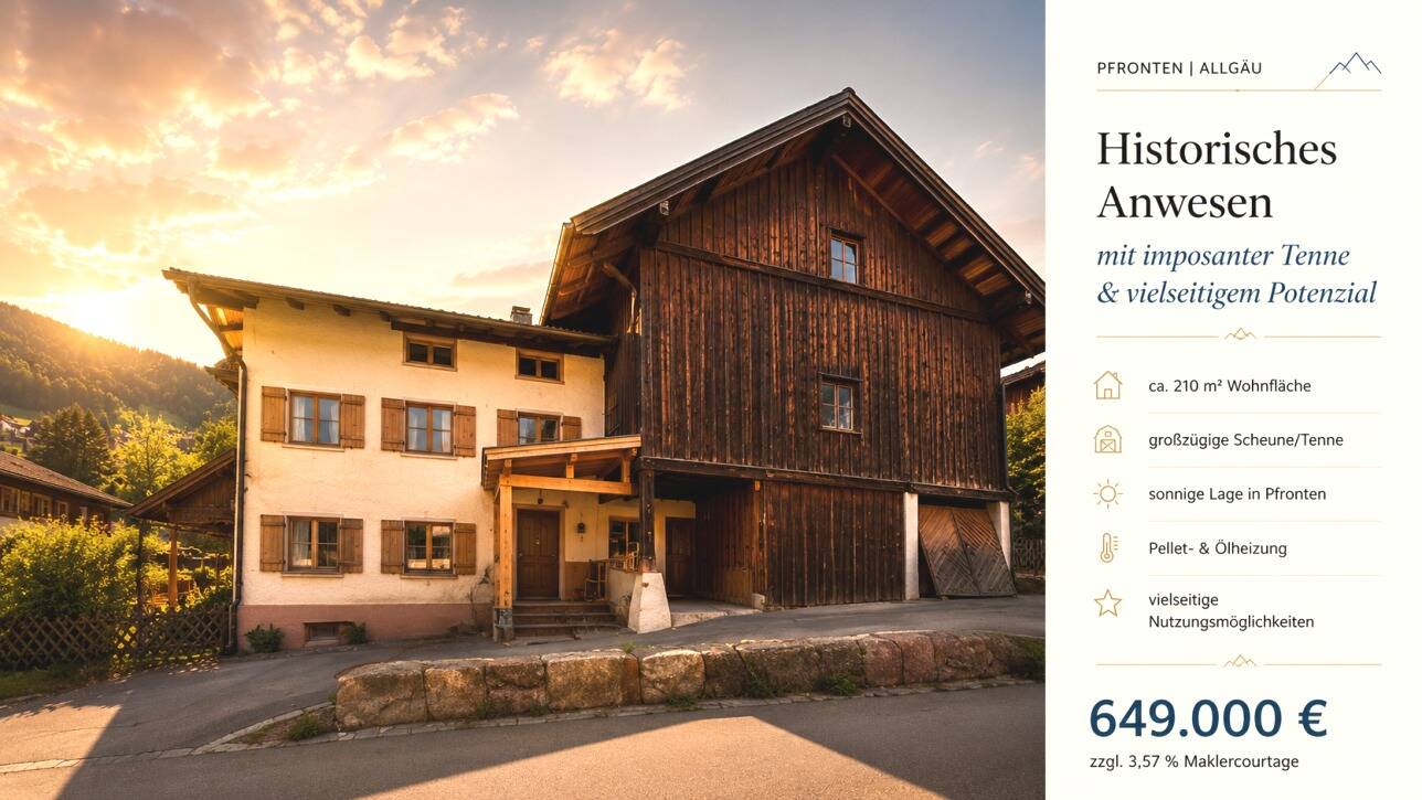 Historisches Allgäuer Wohnhaus mit unverbaubarem Alpenpanorama, großer Tenne und außergew. Entwicklungspotential., 87459 Pfronten