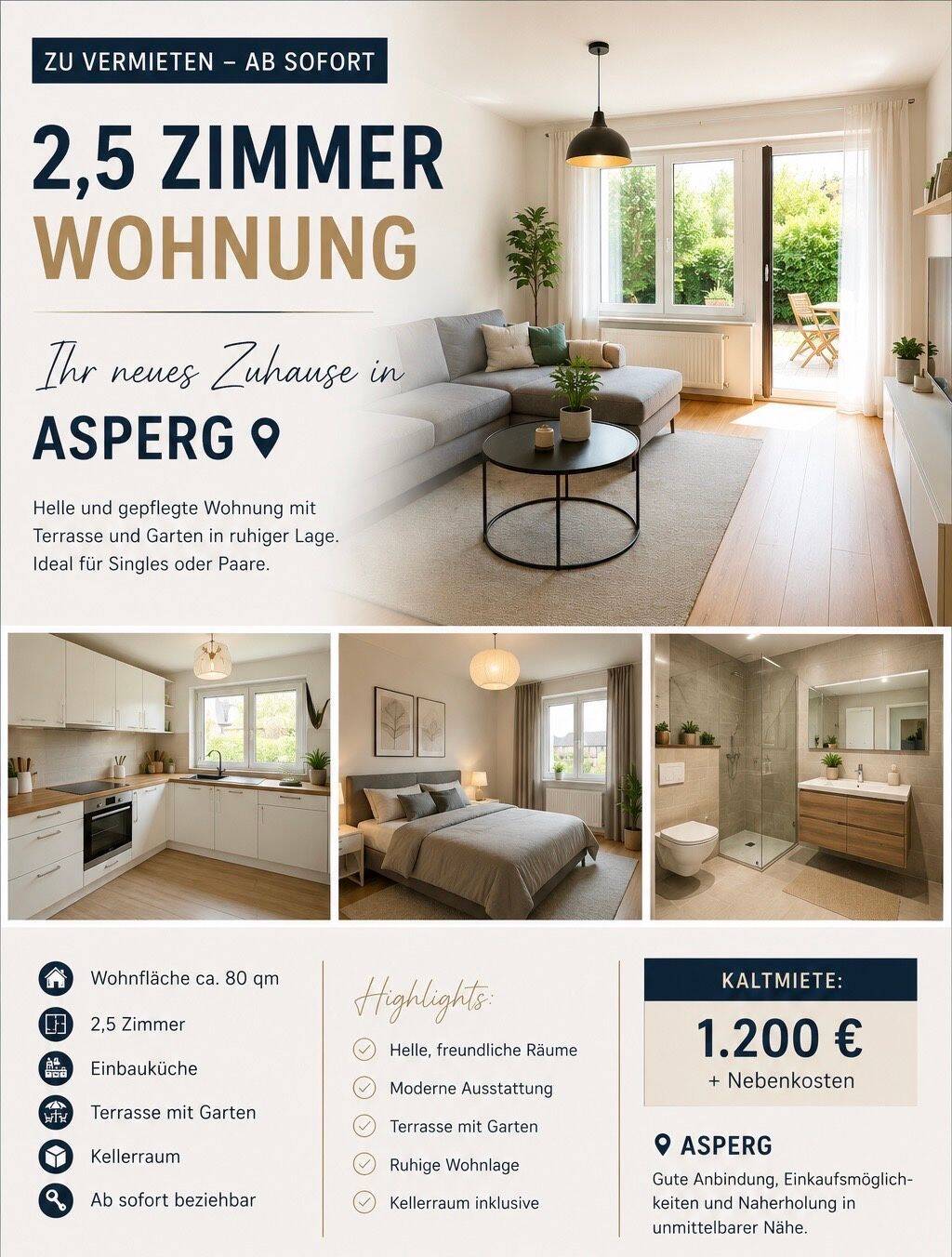 3-Zimmer-Wohnung mit Terrasse & Garten in Asperg – ab sofort frei, 71679 Asperg