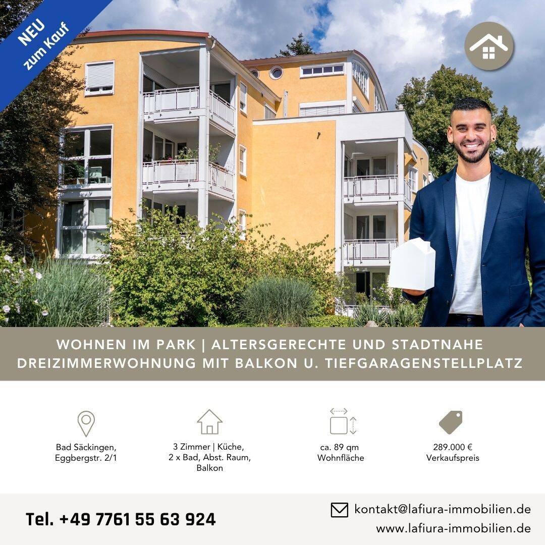 LFI | Stadtnahes Wohnen im Park – altersgerechte Dreizimmerwohnung mit Balkon und Tiefgaragenplatz, 79713 Bad Säckingen