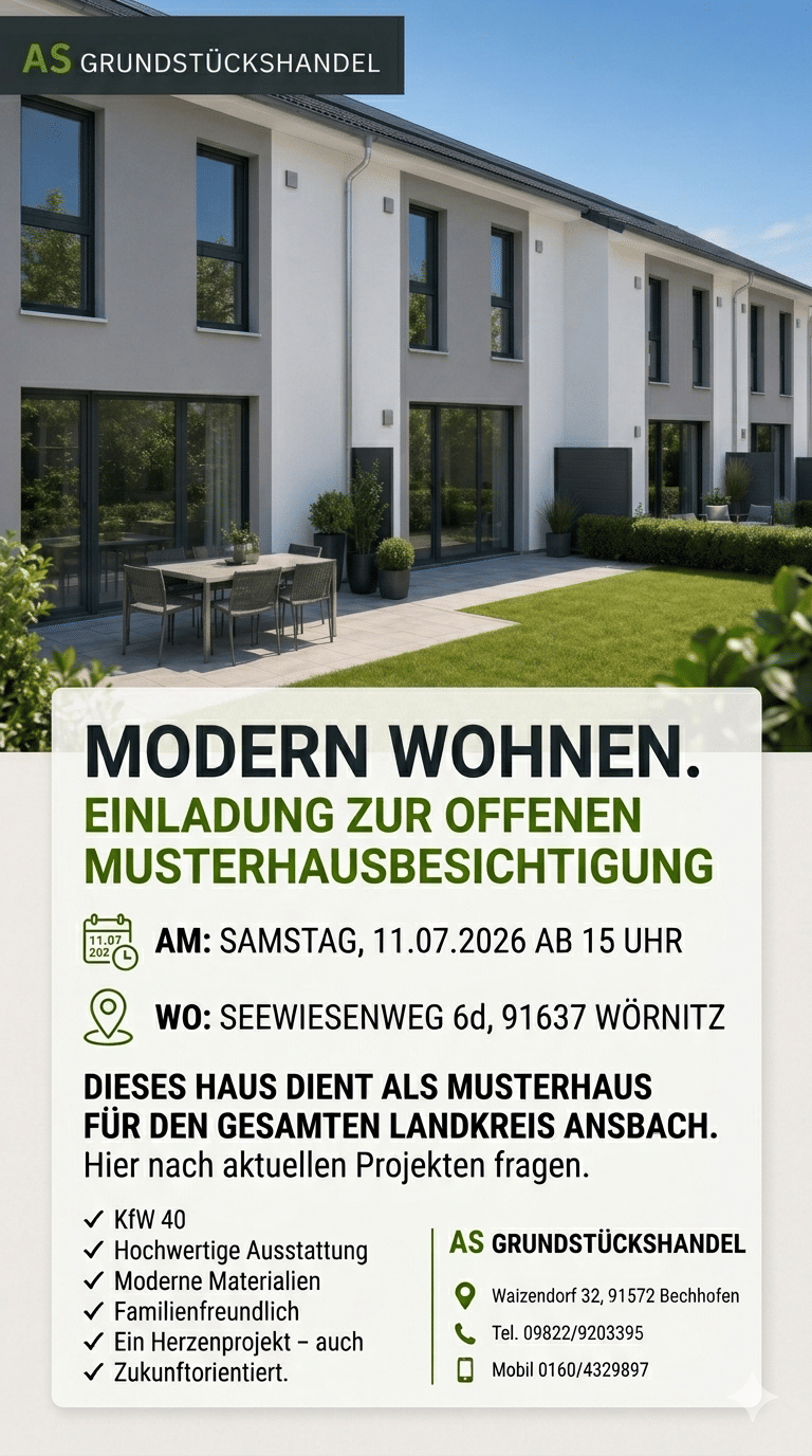 11.07.2026 ab 15Uhr Offener Musterhaustag 91637 Wörnitz – für Kaufintressenten aber auch Mietinteressenten, 91637 Wörnitz