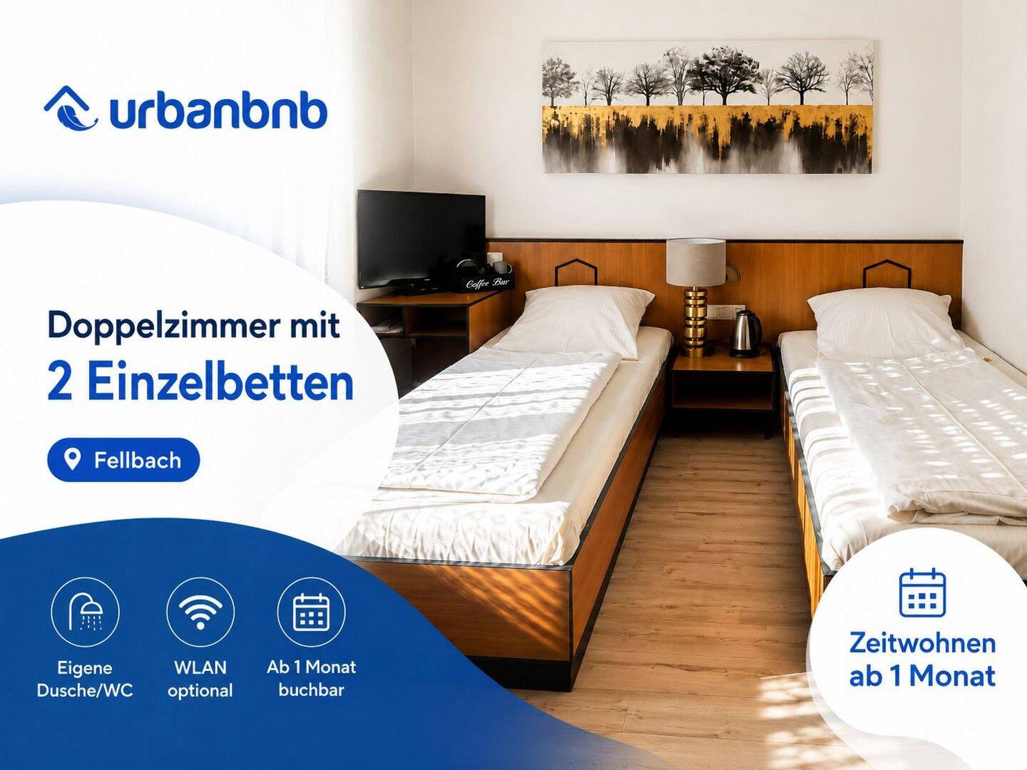 Möbliertes Doppelzimmer mit zwei Einzelbetten und eigenem Bad in Fellbach-Oeffingen, 70736 Fellbach