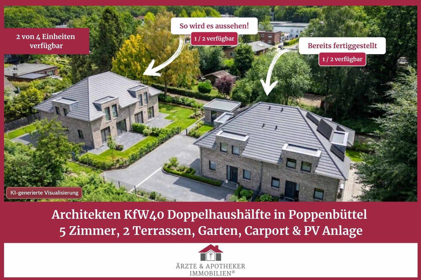 Neubau: Stilvolle Doppelhaushälfte in Poppenbüttel mit 5 Zimmern, Garten, Carport, PV (KFW40)