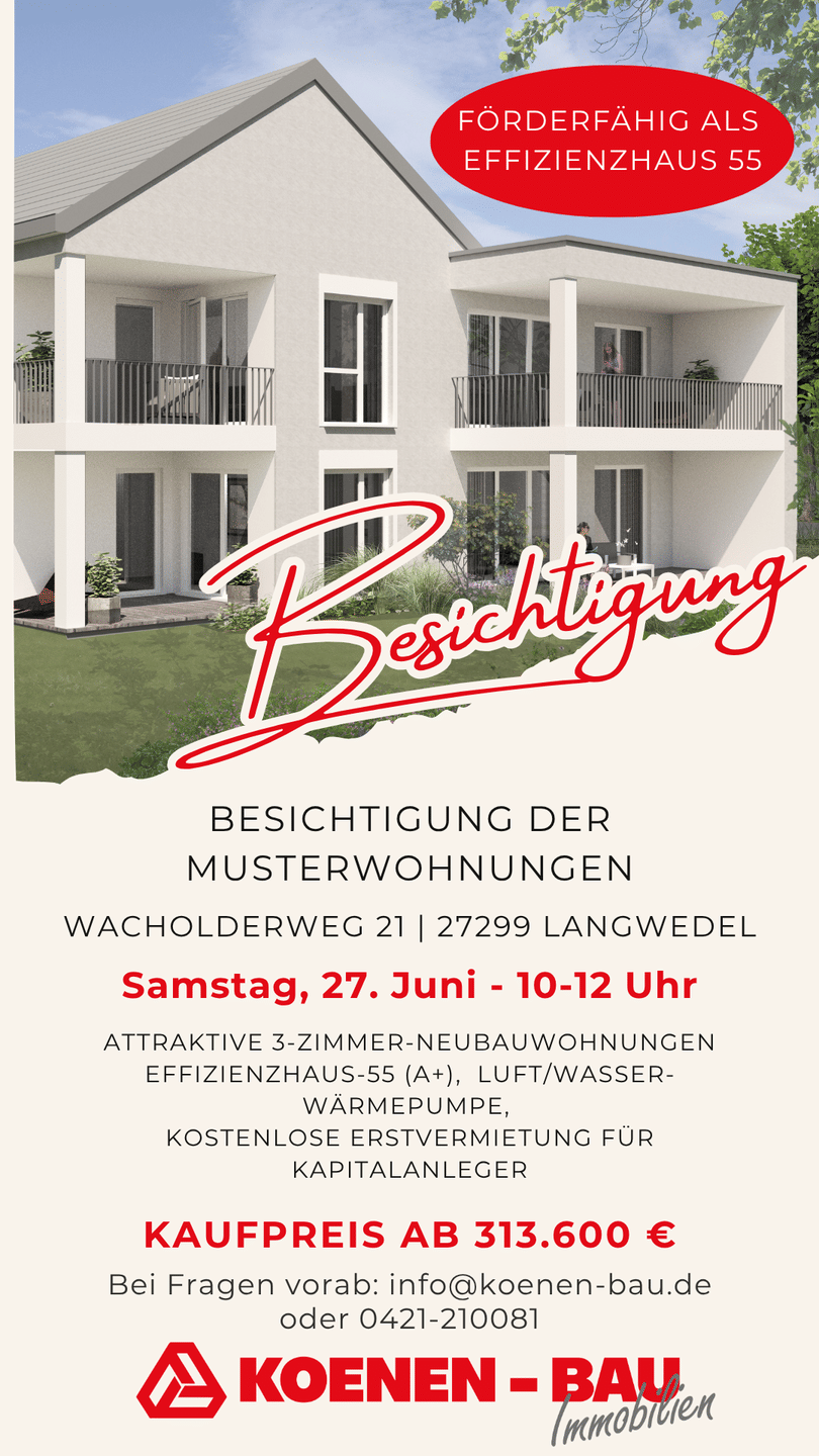 Langwedel / Wacholderweg 21 – Besichtigung der 3-Zimmer-Neubauwohnungen am 27.06. von 10:00 bis 12:00 Uhr, 27299 Langwedel