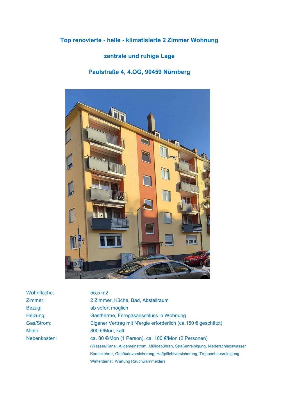 Top renovierte-helle-klimatisierte 2 Zimmer Wohnung, 90459 Nürnberg