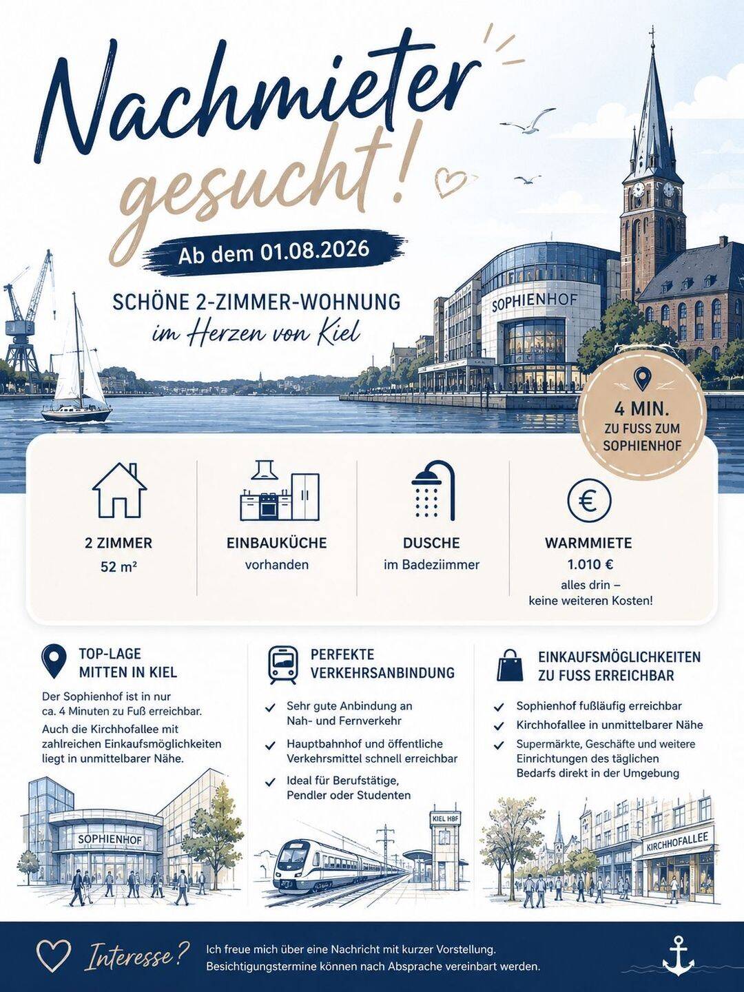 Mietwohnung, 2 Zimmer, 52 m², in Kiel, 24103 Kiel (Altstadt Damperhof Exerzierplatz Vorstadt)