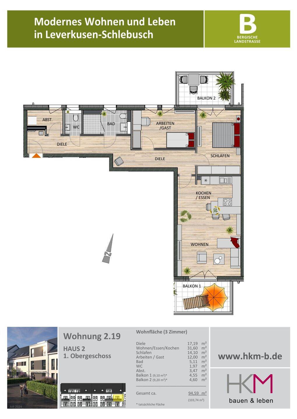 geschickt geschnittene 3-Zimmer-Wohnung mit Sonnenbalkon, 51375 Leverkusen (Schlebusch)