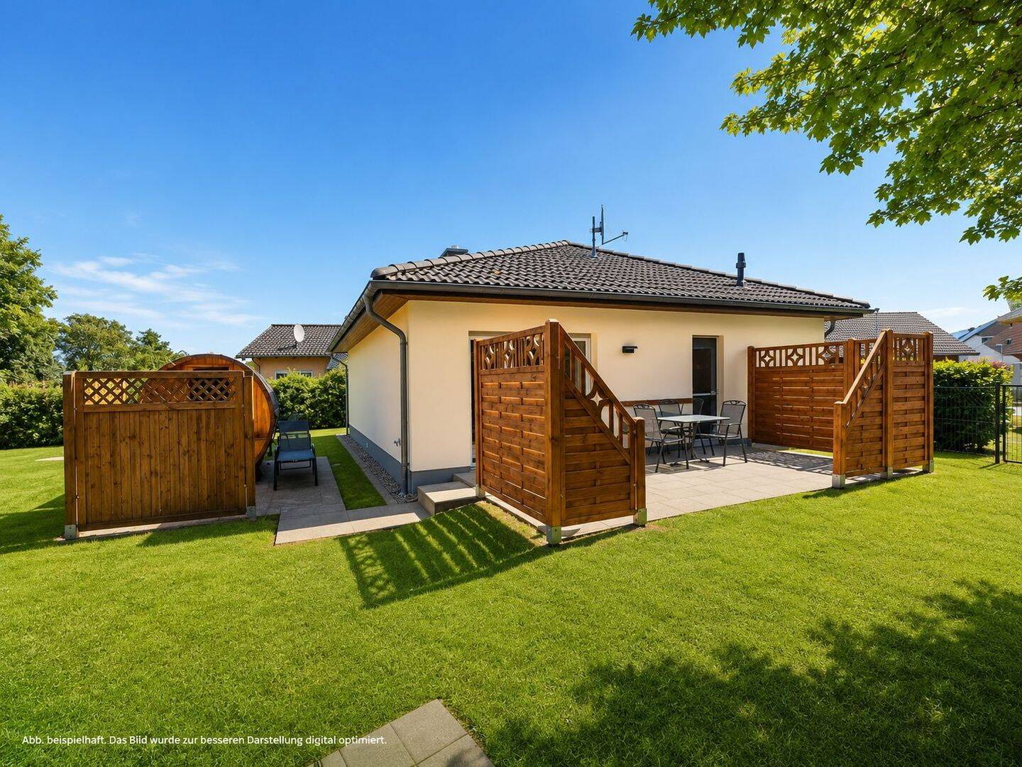 Hochwertiges Ferienhaus mit Terrasse, Fass-Sauna in ruhigem Ferienhausgebiet, 23968 Zierow