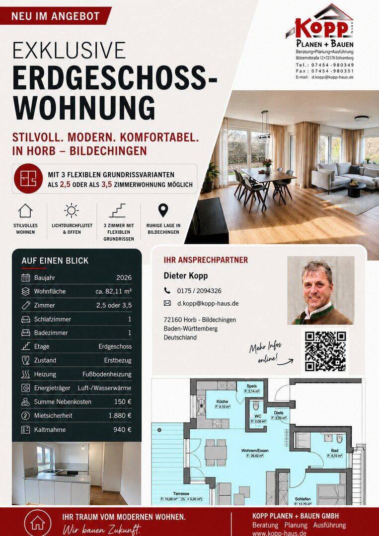 Stilvolle – EG – Neubauwohnung, mit 3 flexiblen Grundrissvarianten – mit 2,5 oder 3,5 Zimmer möglich, 72160 Horb am Neckar