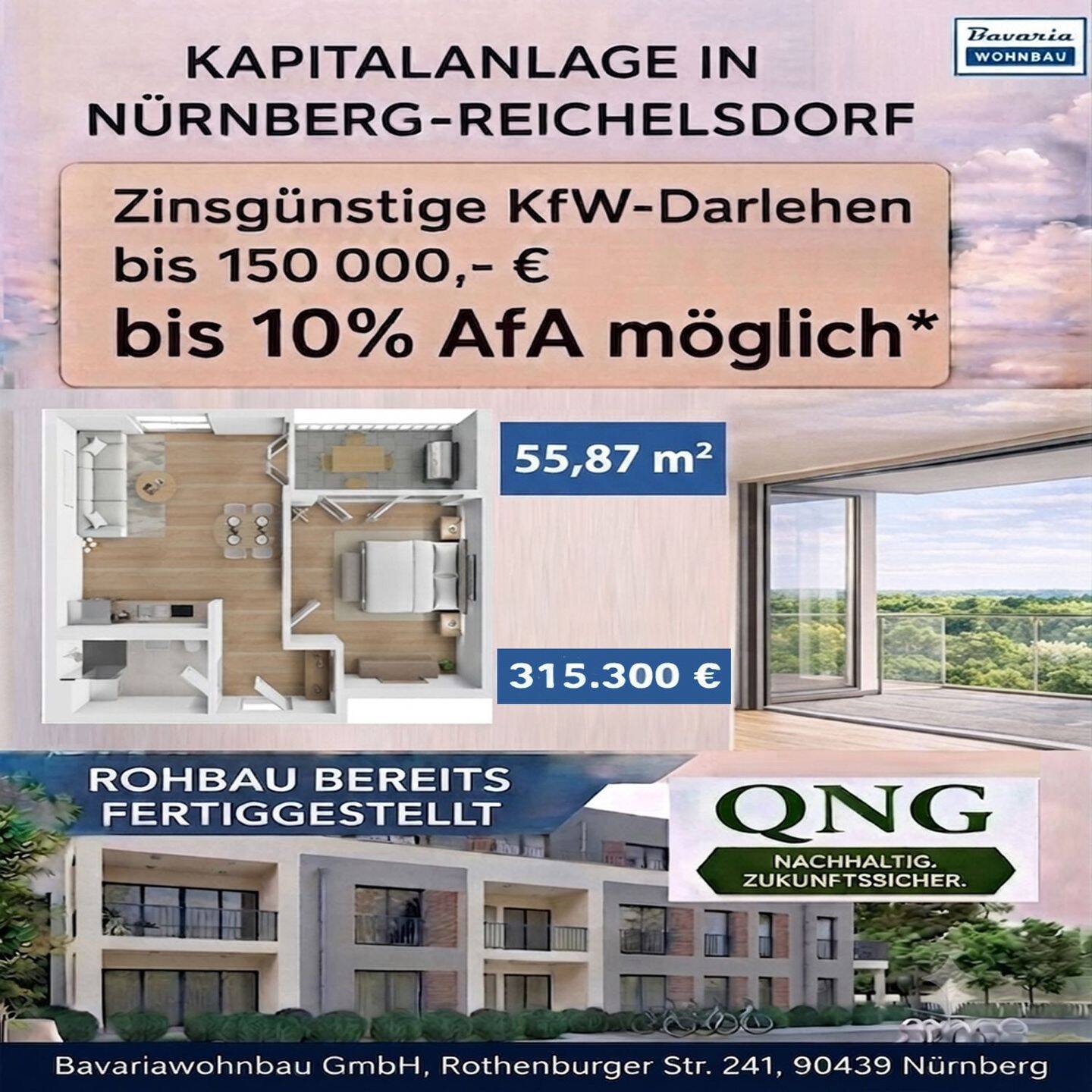 Neubau-Charme auf 55 m² – mit sonniger Loggia im 1. OG, 90453 Nürnberg
