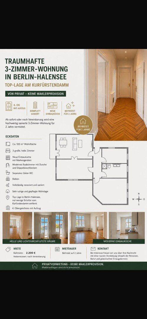 2 Jahre befristet TRAUMHAFTE 3-ZIMMER-WOHNUNG IN BERLIN-HALENSEE TOP-LAGE AM KURFÜRSTENDAMM, 10711 Berlin (Charlottenburg-Wilmersdorf Charlottenburg Grunewald Halensee Wilmersdorf)