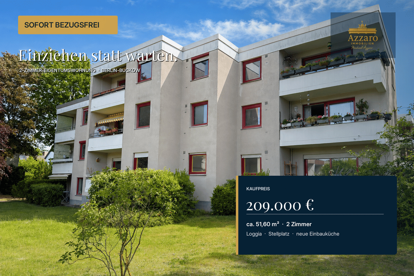 Ruhig und grün in Berlin-Buckow, bezugsfreie 2-Zimmer-Wohnung mit neuer Einbauküche, Loggia und Stellplatz, 12349 Berlin (Neukölln)