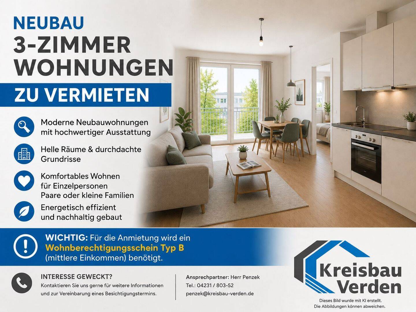 B-Schein! Neubau 3-Zimmer Wohnungen zu vermieten, 28832 Achim
