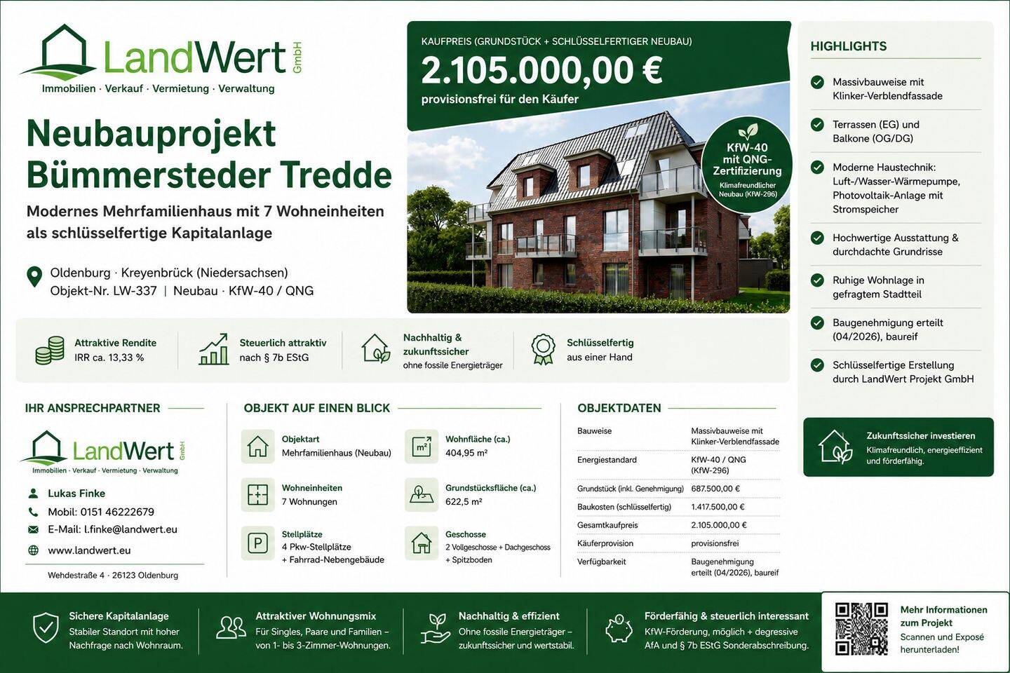Neubauprojekt Bümmersteder Tredde, ein von zwei modernen Mehrfamilienhäusern mit 7 Wohneinheiten im KfW-40-Standard mit QNG Zertifizierung., 26133 Oldenburg (Oldb) (Kreyenbrück)