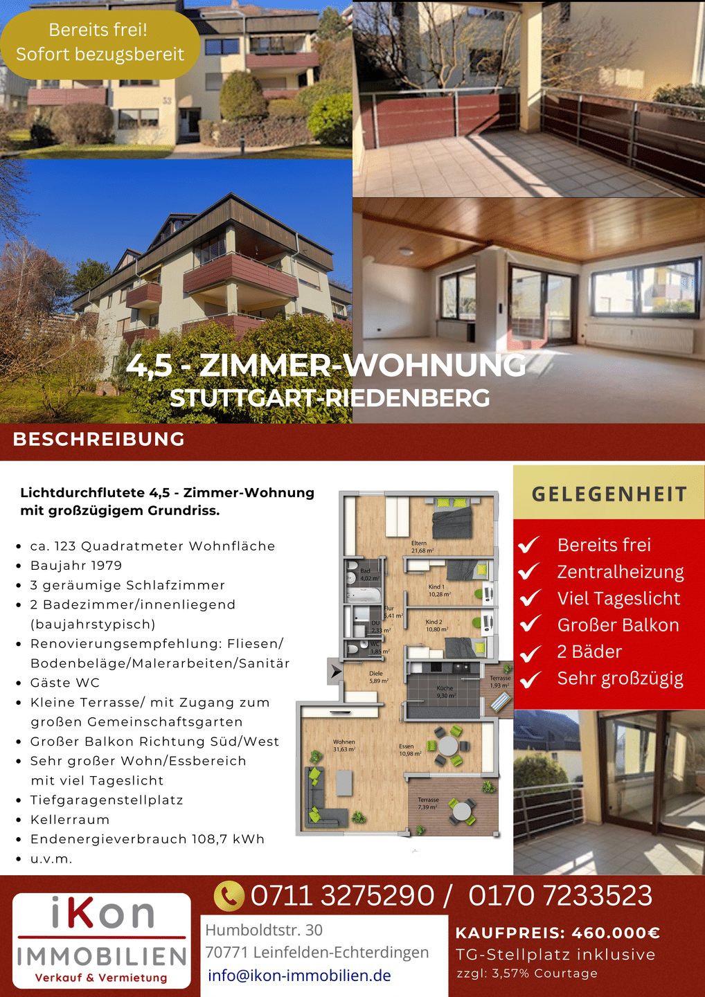 4,5 ZW in begehrter Wohnlage von Stuttgart-Riedenberg, bereits frei!, 70619 Stuttgart (Heumaden Lederberg Riedenberg Sillenbuch)