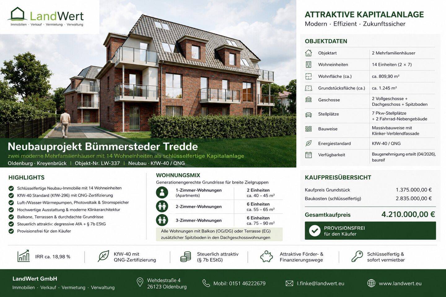 Neubauprojekt Bümmersteder Tredde, zwei modere Mehrfamilienhäuser im KFW-40 mit QNG., 26133 Oldenburg (Oldb) (Kreyenbrück)