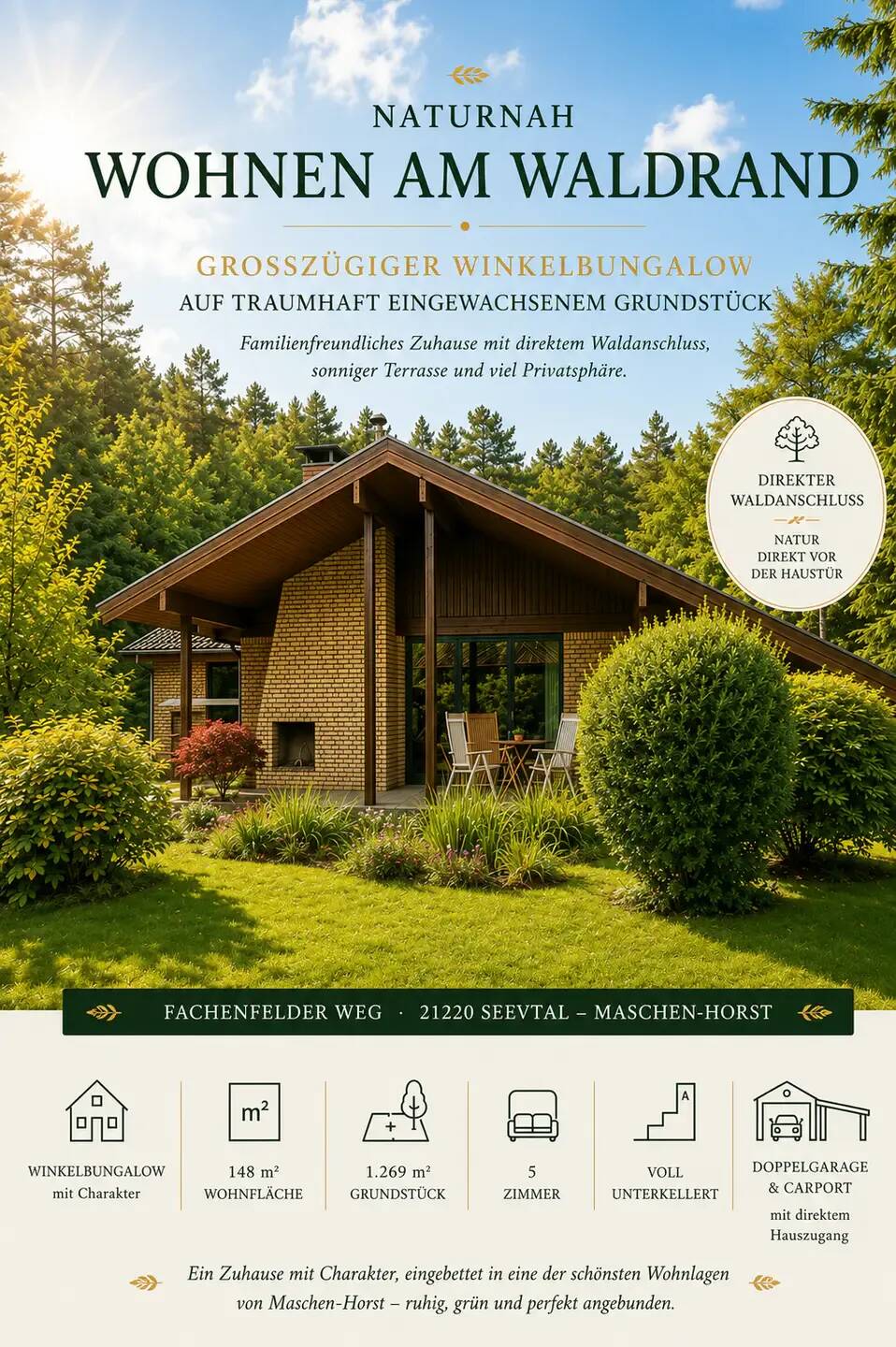 Winkelbungalow am Waldrand – 1.269 m² Grundstück in ruhiger Sackgasse | Privatverkauf ohne Käufer Provision, 21220 Seevetal